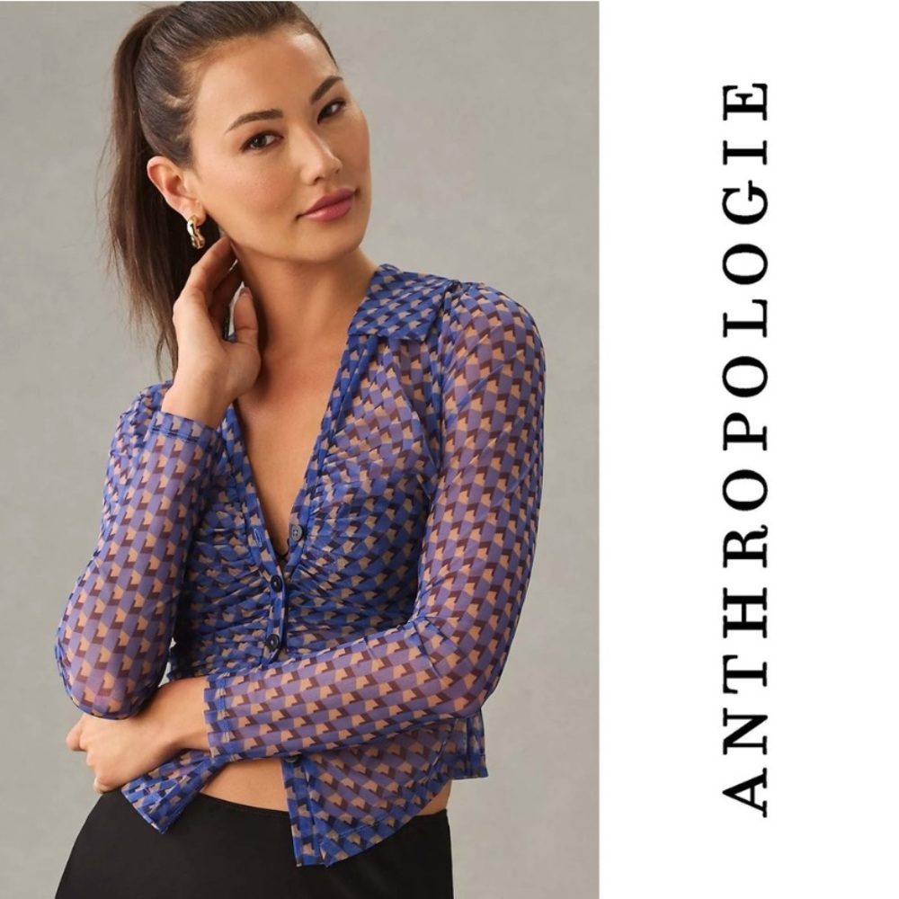Maeve by Anthropologie Sheer Ruched Geometric Blue Button Front Blouse Medium